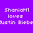 Purple background with white pixelated text repeating 'ShaniaM1 loves Justin Bieber' in two , each duplicated horizontally