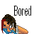 Pixel art buddy icon featuring a cartoon character with long hair and the word "Bored" in blocky text above them on a white background.