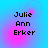 Pixelated text 'Julie Ann Erker' on a blue-to-pink gradient background with subtle circular patterns.