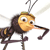 Pixelated cartoon insect with brown and black body, yellow face, large white eyes, and antennae, holding a musical note.