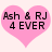 Two identical pink heart-shaped icons with black text reading "Ash & RJ 4 EVER" on a light background.