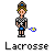 Pixel art of a person in athletic gear holding a lacrosse stick, with four variations showing different stick positions and small yellow star effects.