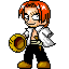 Pixel art character with orange hair, white open shirt, black pants, brown shoes, holding golden circular object, gray background.