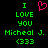 Green pixelated text on black background with pink heart symbol above 'I LOVE YOU' and 'Michael J.' followed by '(333)' in green.