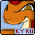 Animated pixel art of an orange dragon-like creature with red crest and white underbelly, smiling against light blue background, text 'KYRII' below.