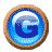 Six pixelated circular frames with blue water-like interiors and brown borders, each showing a different rotation of the letter G.