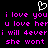 Pixelated text in bright pink on black background with white heart symbol above, displaying repeated phrases like 'i love you' and 'u love her'.