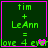 Green text on dark green background with pink border displays 'tim + LeAnn = love 4 ever' and a small animated heart.