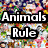 A dense collage of small animal images with bold text overlay reading "Animals Rule" in white letters on black rectangles.