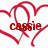 Red heart outlines and the name 'cassie' in red text on a white background with a gray rectangle in the bottom right.