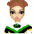 Pixelated character in green and black cheerleading uniform with yellow accents, showing full body parts