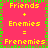 Pixelated graphic with red background and green border displaying yellow text equations about friends, enemies, and frenemies.