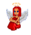 Pixel art angel with red hair and dress, white wings, orange halo; left version has blue eyes, right version has closed eyes.