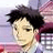 Pixelated anime-style character with dark tousled hair, light skin, and closed eyes, wearing a checkered shirt with red and white tones against a soft purple background.