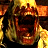 Pixelated static image of a character with glowing eyes and fiery background elements in warm tones.