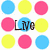 Pixelated of colored circles with text overlays: 'Live' in black, 'Laugh' in green, and 'Love' in purple