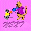 Pixelated animation of a lion and mouse boxing on pink background with purple 'NEXT' text below each pair.