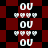 Red and black checkered background with repeated white 'OU' text above of small heart icons, alternating between solid red hearts and outlined hearts