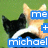 Pixelated image of a black and white cat with orange accents, positioned against a green background, overlaid with blue text boxes containing partial names.