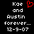 Black background with white pixelated text reading "Koe and Austin forever... 12-9-07" on both sides, a red heart symbol between the left-side text elements.