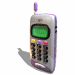 Four views of a purple and silver mobile phone with green screen, black keypad buttons, yellow and pink function keys, and an antenna.