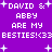 Purple background with white pixelated text reading "DAVID & ABBY ARE MY BESTIES! <33" and small white plus signs scattered throughout.