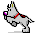 Pixel art contact sheet of a gray dog mascot in six sequential animation frames with red collar and purple nose, displayed on gray background.