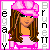 Pixel art contact sheet of two animated frames showing a cartoon woman with long brown hair wearing a pink headscarf and pink top against a white background with vertical text.