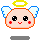Pixelated angel icon with orange outline, yellow halo, blue wings, red cheeks, and smiling mouth on gray background.