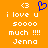 Pixelated orange background with white text reading 'i love u soooo much !!!! Jenna' and three '<3' symbols, one blue heart-shaped symbol in the center.