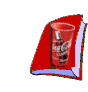 Animated sequence of a red-bound book with light blue pages, showing page-turning motion and a glass with a skull design on one page.
