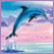 Pixelated image of a dolphin leaping from water against pastel sky and sea hues, framed by purple border.