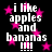 Black background with pink stars and white text reading "i like apples and bananas !!!" in pixelated font.