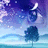 Pixelated landscape with gradient sky transitioning from deep purple to light blue, featuring a dark tree silhouette on the right and scattered white cloud-like shapes.
