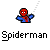 Pixelated Spiderman figure in red and blue costume with white eyes, holding a white web strand against gray background, below which is pixelated text reading "Spiderman".