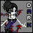 Pixel art character with spiky black hair, white face, purple eyes, red accents on clothing, and blue pants, standing against gray background with vertical text.