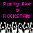 Pixelated text reads 'Party like a ROCKSTAR!' in bright pink on black background with grayscale crowd silhouettes below.