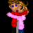 Pixelated character with brown hair and blue eyes wearing red scarf over pink sweater, standing against black background next to cyan text on solid blue field.