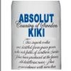 Static image of a bottle with blue text reading ABSOLUT KIKI and smaller text below, set against a light background.