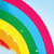 Pixelated rainbow arc on light blue background with cyan text and green "Icons" label in separate