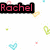 Pixelated text 'Rachel' in red on black background with scattered pastel-colored pixel clusters.