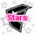 Four variations of a black stylized 'F' icon with white stars and pink text labels against a starry background.