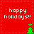 Red square with green dotted border displays "happy holidays!!" text and a small green tree icon in four quadrants.