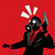 Pixelated figure in black suit and gas mask holds pistol, white exclamation marks above head on red background.