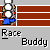 Pixelated cartoon characters race on a track with text 'Race Buddy' below, showing motion across frames.