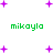 Green text 'mikoylo' appears in four positions surrounded by purple plus signs on a white background with animated sparkles.