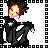 Pixel art contact sheet showing a character and text across multiple frames with red lettering on white background bordered by black-and-white patterned frame.