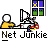 A 4x3 contact sheet of a pixelated animated icon showing a stick figure at a computer with changing window lights, labeled "Net Junkie" beneath each frame.