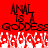 Red background with black text reading "ANAL IS A GODDESS" and white pixelated shapes below, animated to shift horizontally.