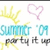Animated icon with repeated 'Summer '09 party it up' text, yellow crowns, and pink hearts on white background.